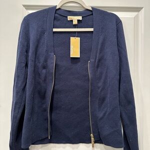 Michael Kors Navy Zip Cardigan with Gold Hardware